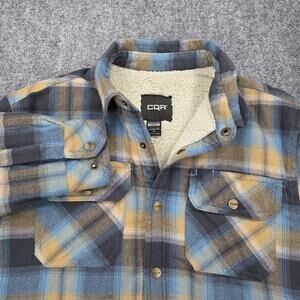 CQR Shirt Jacket Mens Small Blue Yellow Plaid Sherpa Lined Flannel Heavyweight